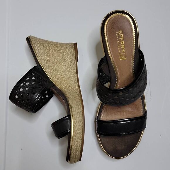 Sperry Top Sider Leather Wedges Eyelet Sisal Rope Slide On Sandals Tan Brown - Picture 14 of 16